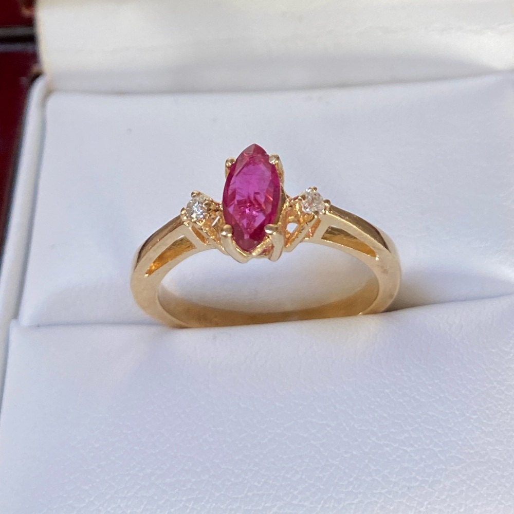 Solid 14kt Gold Diamond Ruby Ring Marquis Ruby - image 8